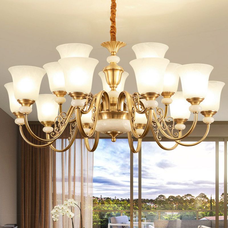 Bell Shaped Restaurant Suspension Lighting Colonial Style Frosted Glass Brass Chandelier Light Fixture