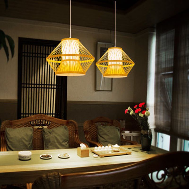 Bamboo Asia Pendant Light 1-Light Beige Geometric Hanging Ceiling Light