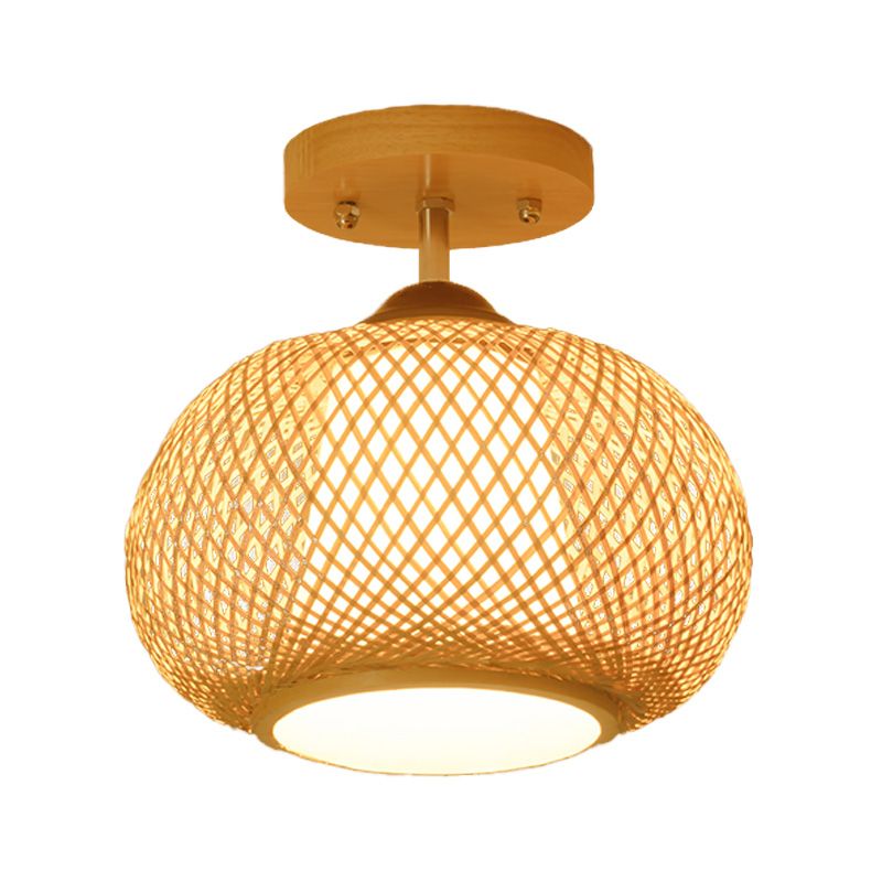 Pompoen Semi-Flush Mount Japanse bamboe 1-hoofd vlas dicht bij plafondverlichting, 14"/16" breed