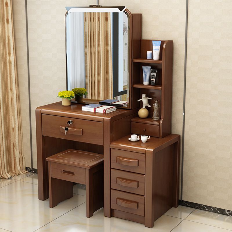 Traditional Solid Wood Make-up Vanity with Mirror and Stool,6 Drawers
