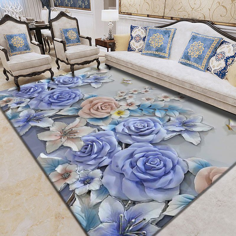 Blue Floral Pattern Rug Modern Polyester Area Carpet Anti-Slip Washable Rug for Home Decor