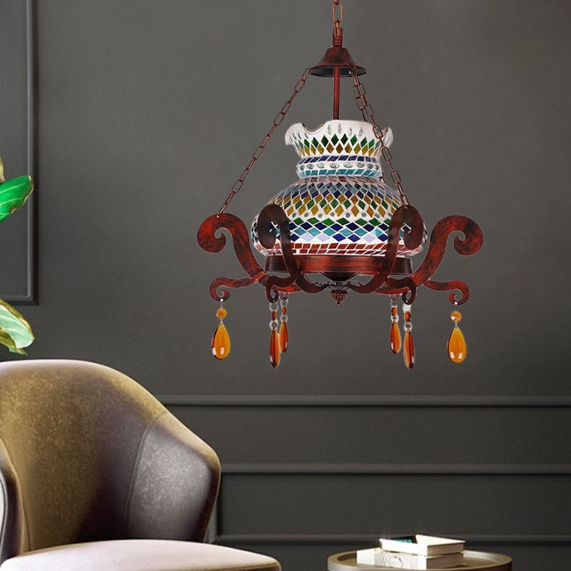 Stained Glass Weathered Copper Pendant Vase 1 Light Moroccan Style Hanging Light Kit