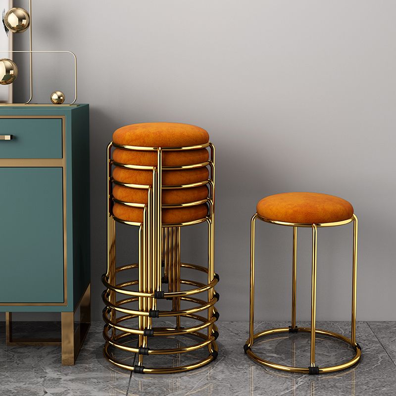 Velvet Upholstered Ottoman Solid Color Round Contemporary Metal Frame Ottoman