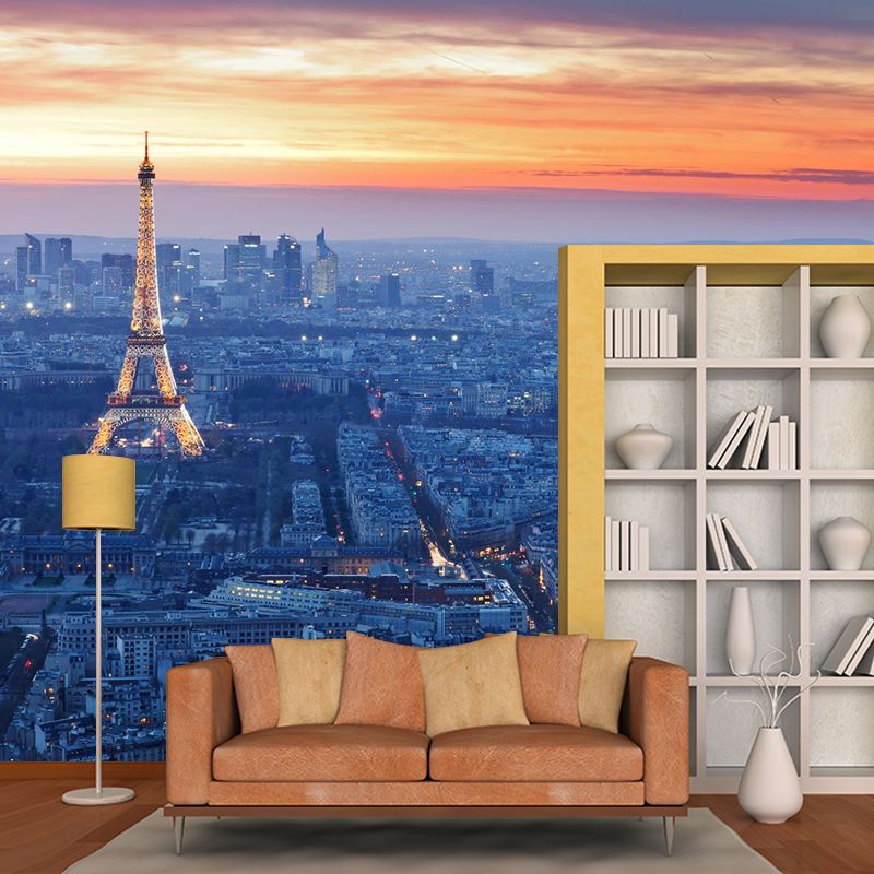 Urban Night City View Mural Bright Stain Resistant Wall Covering for Living Room