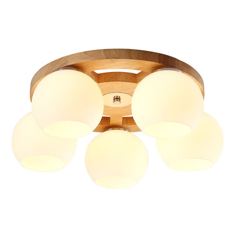Melkachtige Glas Dome Flush Licht Eenvoud Houten Plafond Mount Verlichting voor Woonkamer