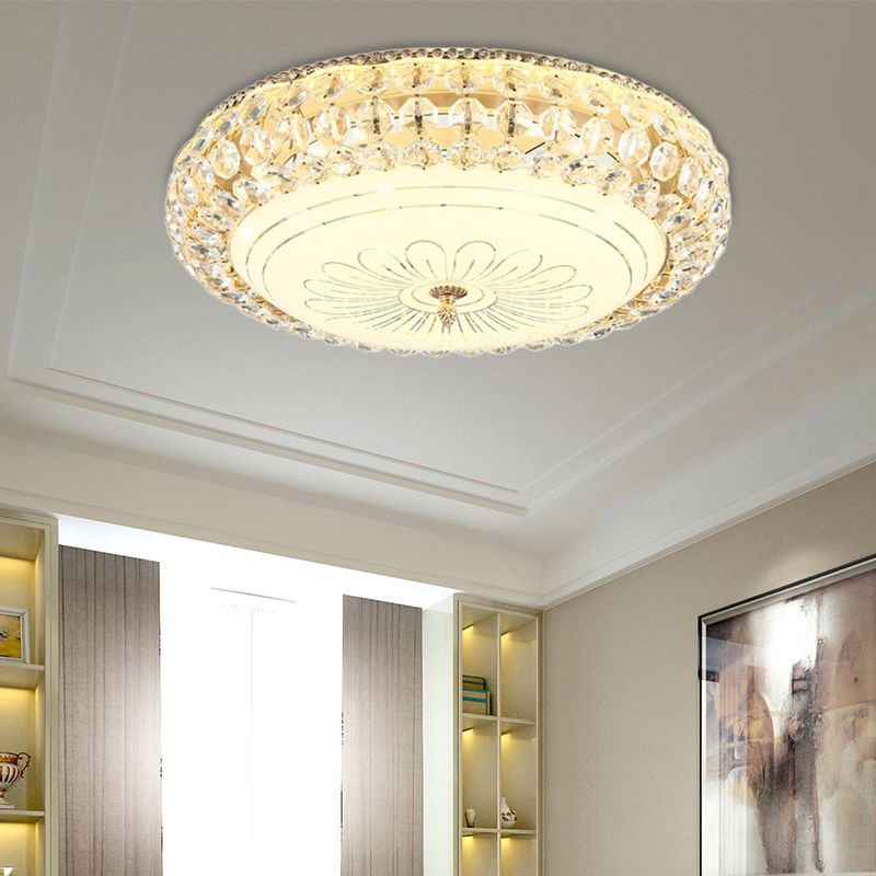 Lámpara empotrada de techo redonda LED de vidrio esmerilado contemporánea con cristal K9 en dorado, 12"/16" de ancho