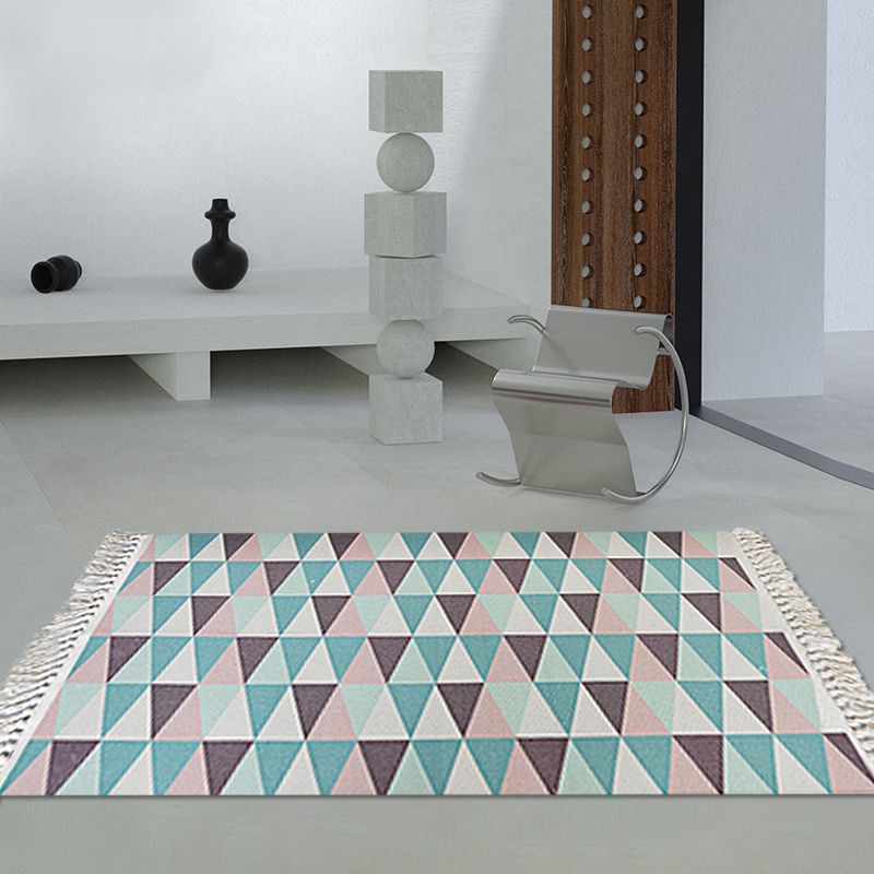 Blue Bedroom Rug Modern Geometric Pattern Rug Cotton Anti-Slip Backing Washable Area Rug