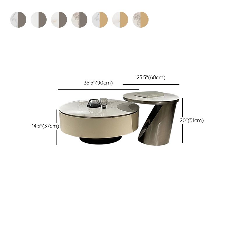 Slate Glam Coffee Table Round Nesting Coffee Table Set with Drawer