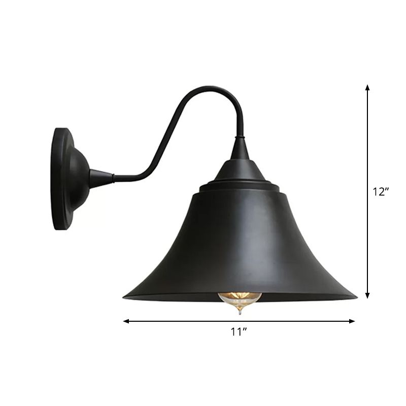 Single-Bulb Bell Shade Wall Lamp Farmhouse Black Iron Gooseneck Wall Mounted Light Fixture