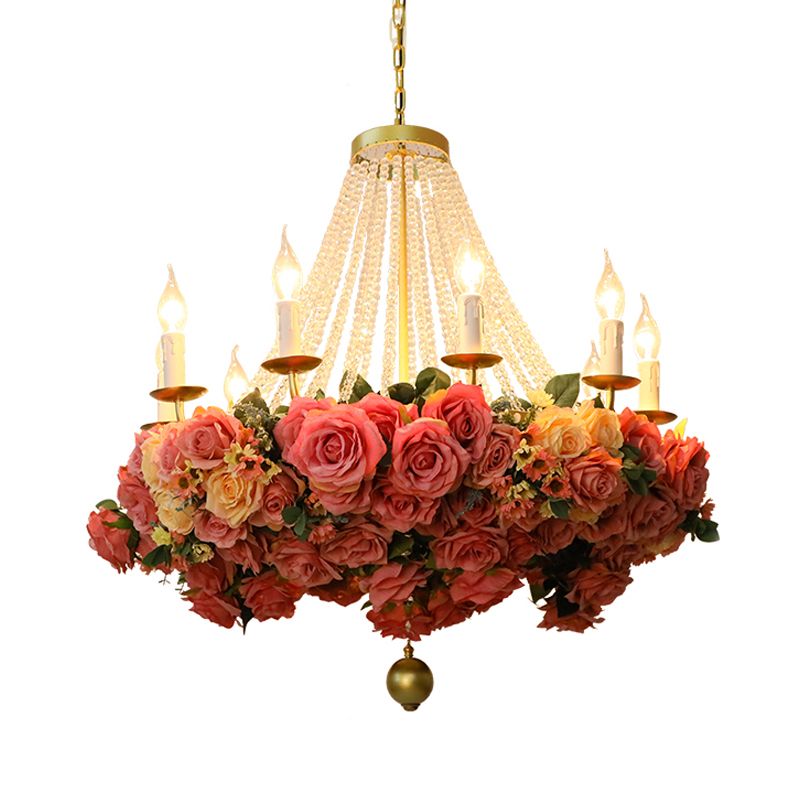 Antique Candle Hanging Chandelier 10 Bulbs Metal Rose Pendant Light Fixture in Pink for Restaurant