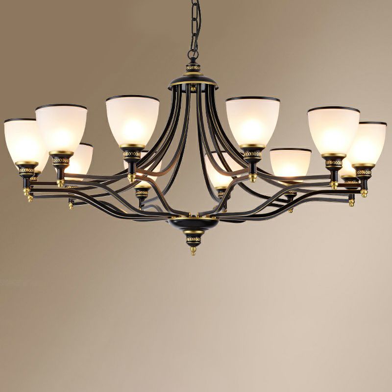 Luz de lámpara de araña en forma de campana iluminación de suspensión de vidrio opalino negro vintage para sala de estar