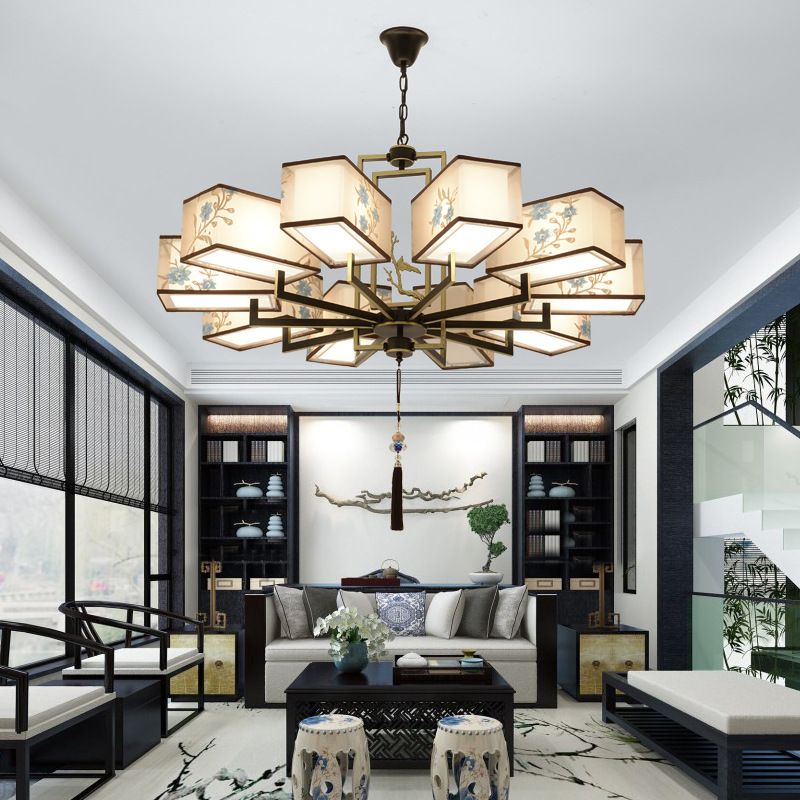 Rustic Embroidery Chandelier Fabric Suspended Lighting Fixture for Living Room