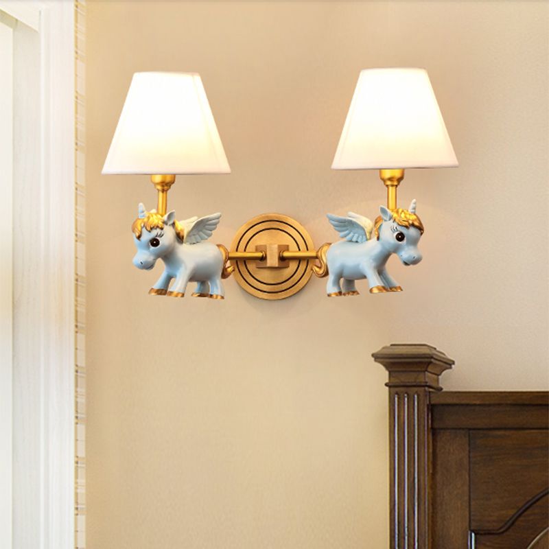 Kid Flying Unicorn Wall Mount Light Kids Resin Child Room Wall Light Fixture with Tapered Fabric Shade