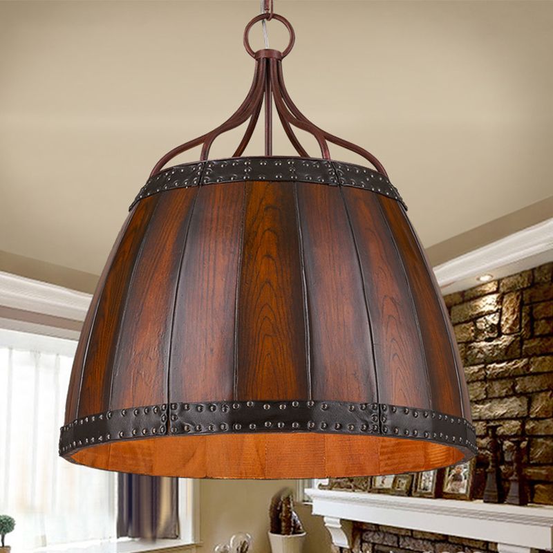 Brown Wine Drum Pendant Light Fixture Rustic Wood 4 Bulbs Living Room Chandelier Lamp