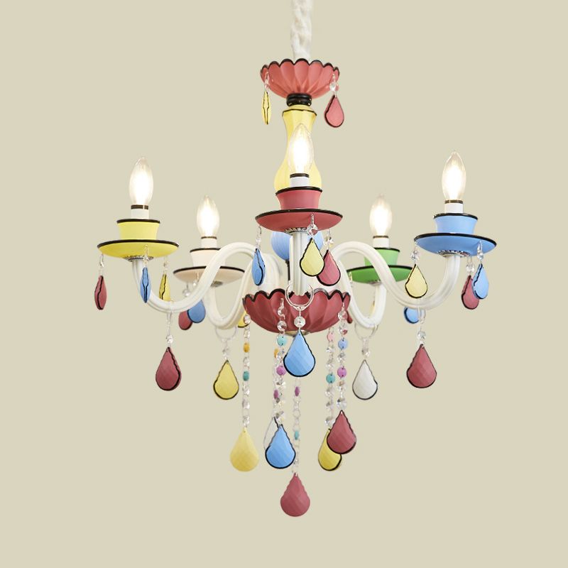 Crystal Candelabra Chandelier Macaron 5/6/8 Lights Blue-Pink-Yellow Hanging Pendant with Cascading Drape
