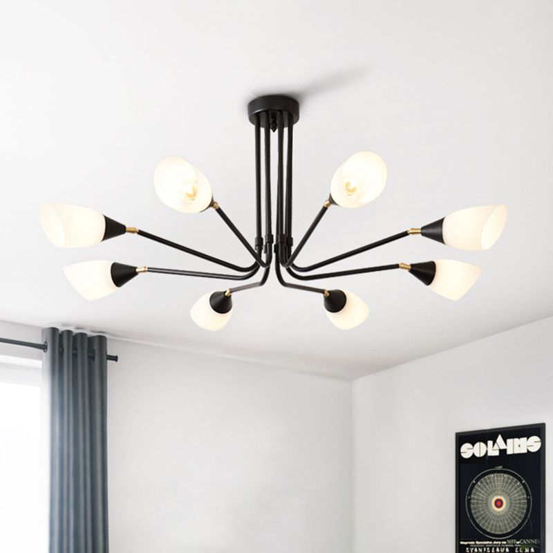 Modernism 4/6/8 Bulbs Ceiling Chandelier Black Flared Hanging Pendant Light with Milky Glass Shade