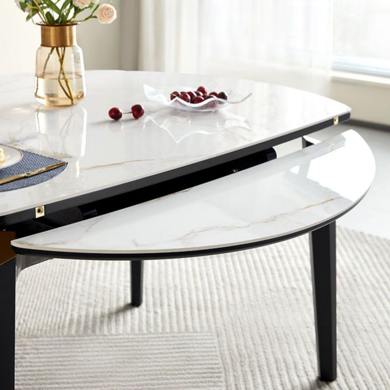 White Contemporary Round Stone Dining Table with Double Drop Leaf