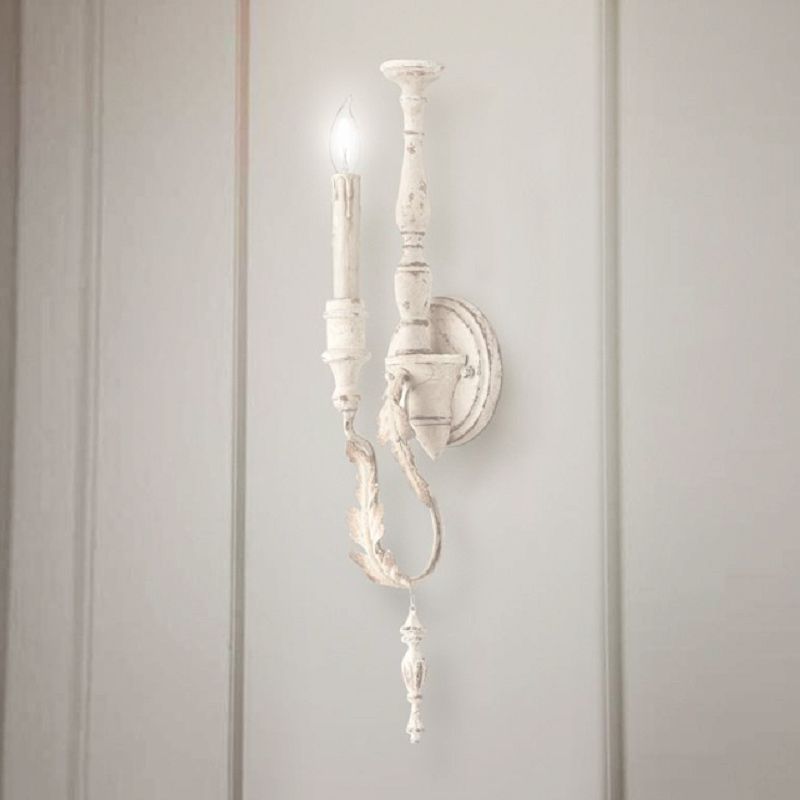 1-Light Candle Wall Light Fixture Rustic White/Brown Finish Metallic Wall Mounted Lamp