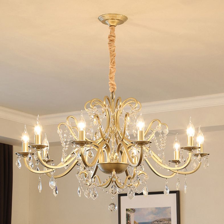 Clear Crystal Pendant Lamp with Candle Lamp Holder Vintage Country Style Chandelier Lighting in Gold