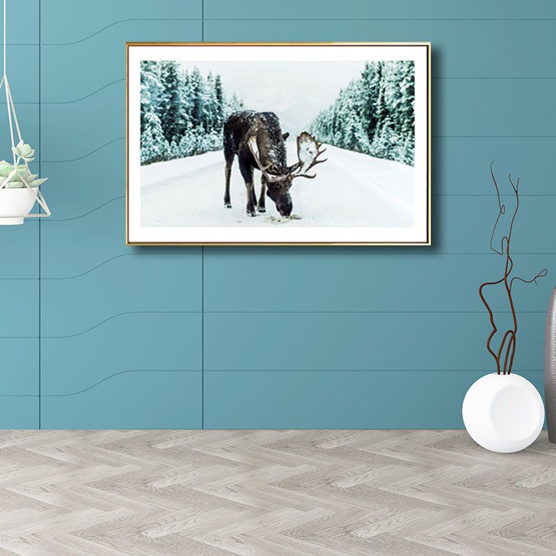 Decorative Reindeer in Forest Painting Canvas Tropics Wall Art Print in Green for Great Room