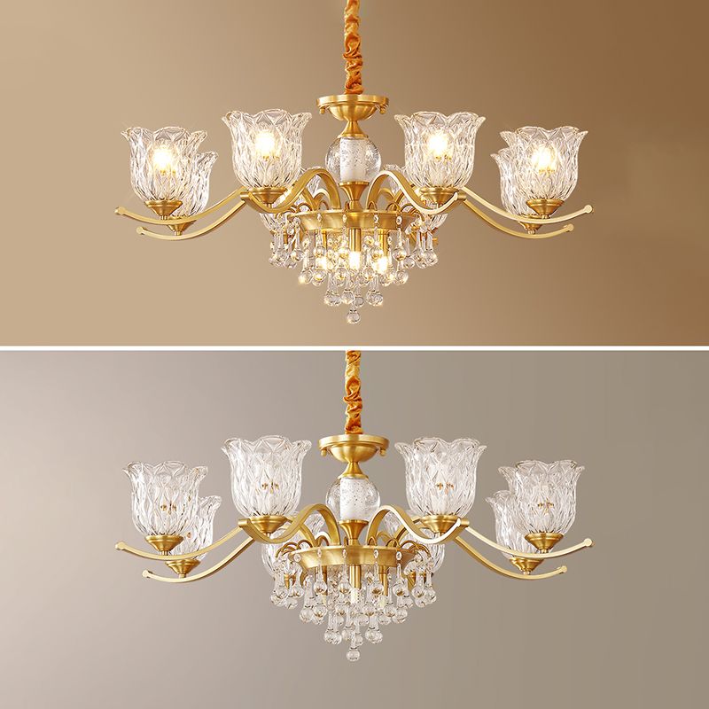 European Style Chandelier Brass Flower Shape Hanging Light with Crystal for Bedroom