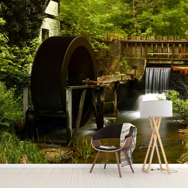 Country Style Water Mill Mural Mildew Resistant Wall Covering for Room Decor
