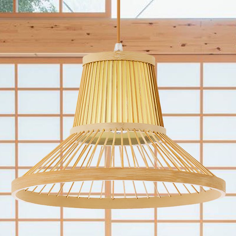 1 Head Trumpet Hanging Light South-East Asia Bamboo Pendant Lighting Fixture in Beige