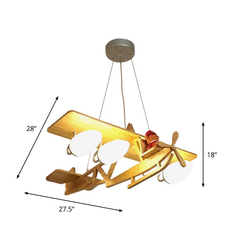 Aircraft Kids Bedroom Pendant Lighting Wood 4-Head Cartoon Chandelier in Beige with Bullet White Glass Shade