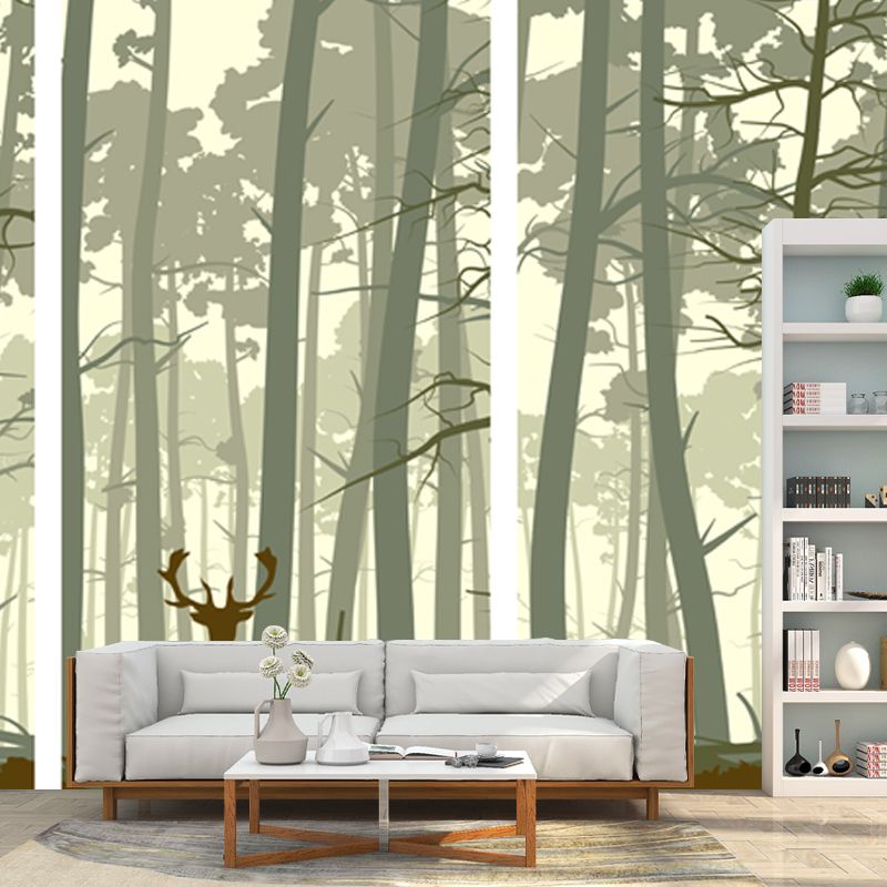 Contemporary Dusk Forest Deer Mural for Living Room Personalized Wall Art in Beige