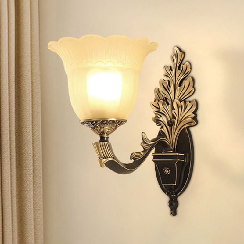 1/2-Light Wall Sconce Traditional Blossom Frosted Glass Sconce Light with Curvy Arm in Black for Hallway