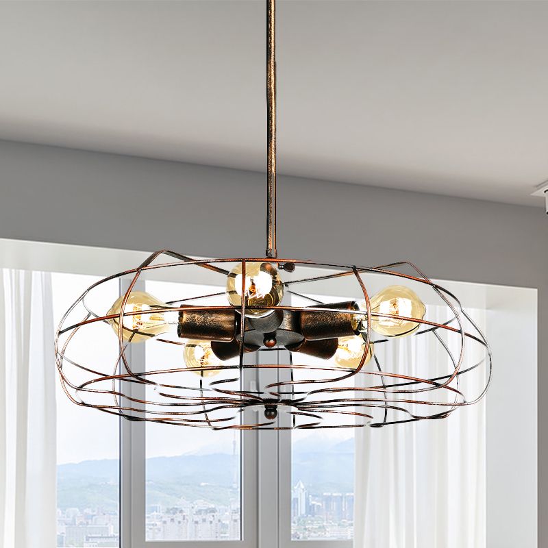 5 lampadine Lampada il lampadario in ferro battuto in gambo rotondo dell'illuminazione a sospensione con cavo/catena in nero/ruggine