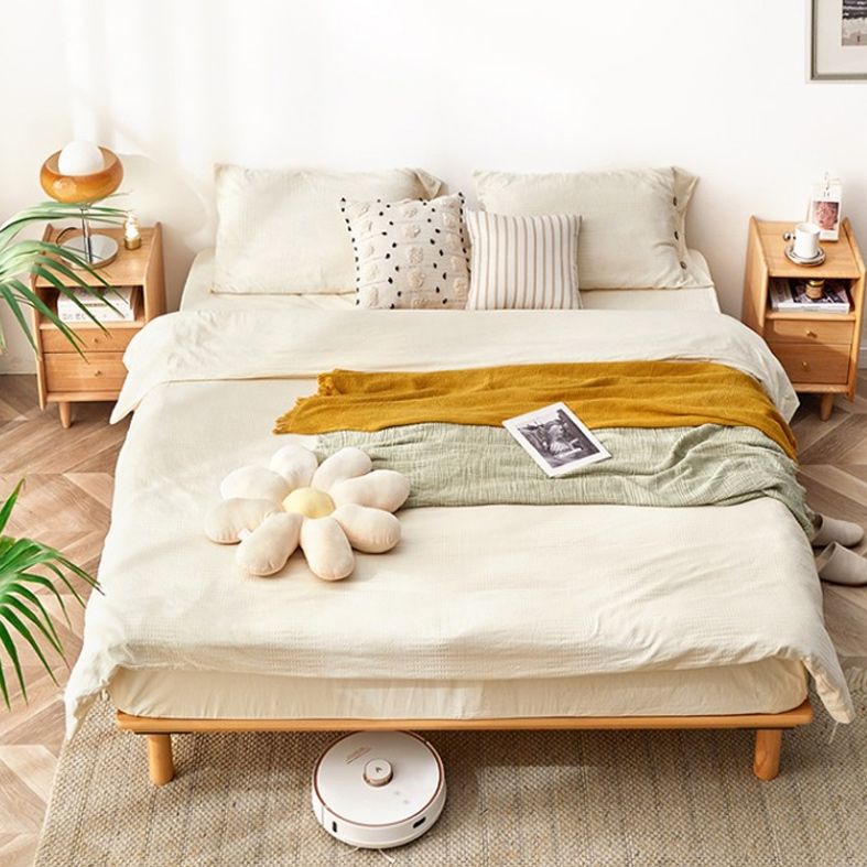 Solid Wood Platform Bed Scandinavian Low Profile Bed Frame in Brown