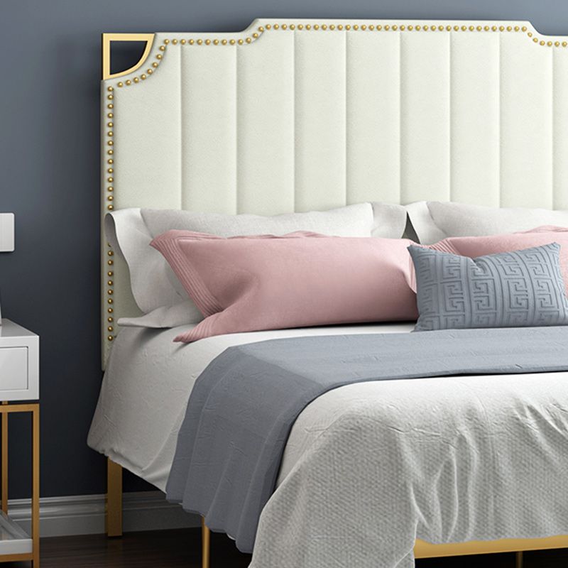 Contemporary Leather Bed Beige Upholstered Bed Frame with Nailhead Trim