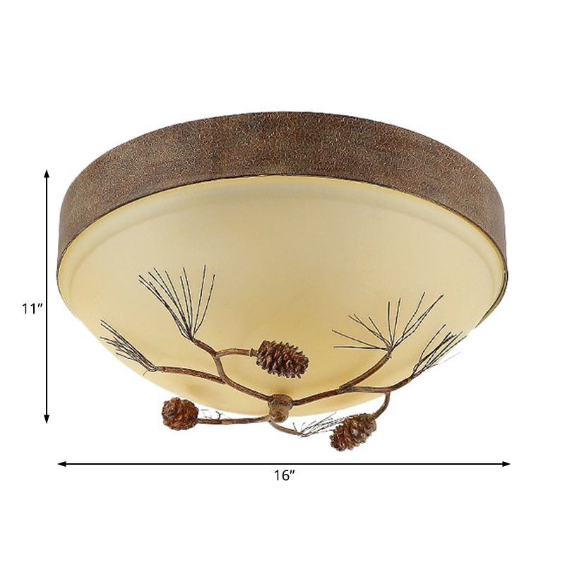 Brown 3-Light Ceiling Mount Light Rustic Frosted Glass Bowl Flush Light Fixture for Corridor with Pinecone