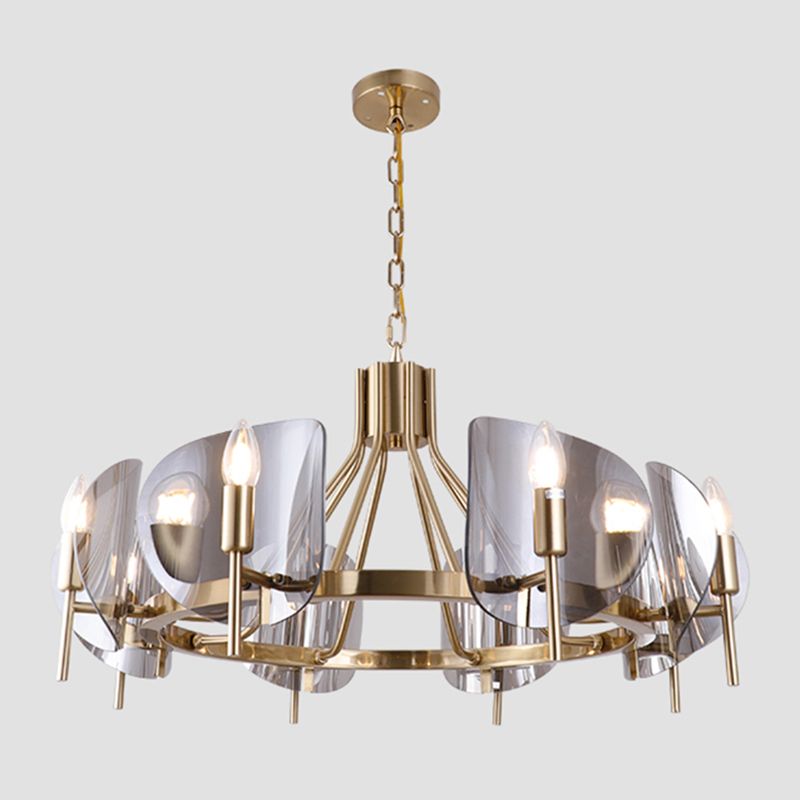 Modern Wagon Wheel Candle Chandelier Light Fixture Clear Glass Shaded Ceiling Chandelier in Gold for Bedroom