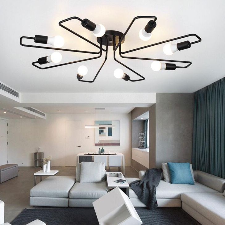Schwarze schlanke Arme Deckenbeleuchtung Industrieeisen freiliegerte Glühbirne Halbblättermontage Beleuchtung für Wohnzimmer