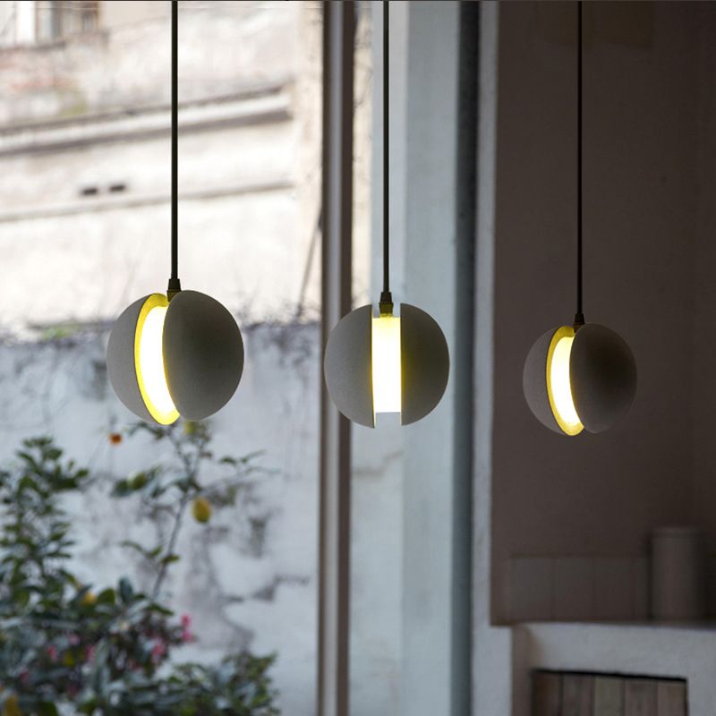 Grey Spherical Shape Pendant Lamp Modern Minimalist Cement Hanging Lamp for Living Room