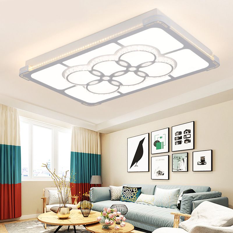 Rectangle Crystal Flush Mount Lamp Simple LED Living Room Ceiling Light Fixture in White, 3 Color Light/Remote Control Stepless Dimming