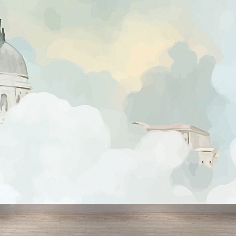 Whole Houses Drawing Mural Childrens Art Cute Architecture Wall Covering in Pastel Color