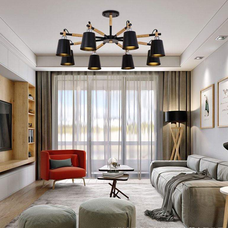 Esszimmer Anhängerlampe moderner Holzminimalismus hängende Licht mit Abwärts -Metall -Cloke -Schatten