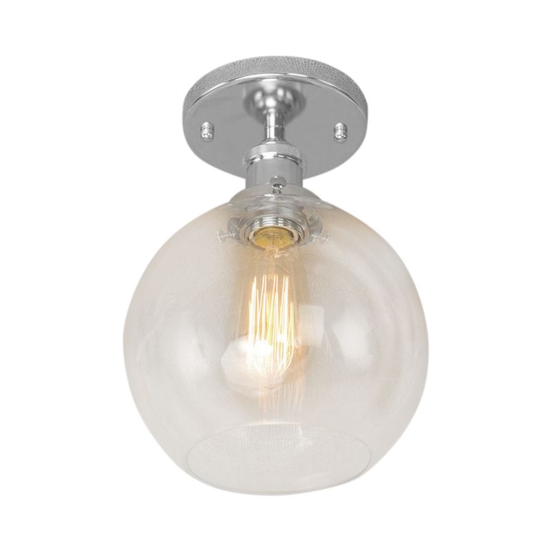 Plafonnier sphérique semi-affleurant industriel en verre transparent, une lumière, noir/laiton/cuivre, pour balcon