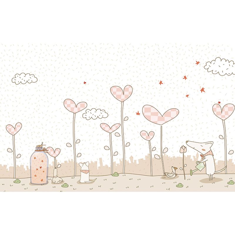 Pink Cartoon Wall Covering Mural Whole Heart-Shaped Plant Wall Art for Kids Bedroom