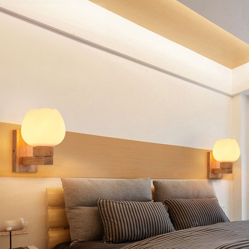 Wooden Shaded Wall Sconce Lighting Simplicity Style White Wall Mount Light Fixture