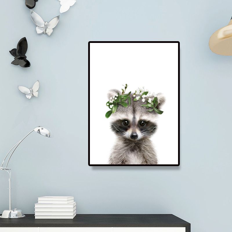 Animal with Wreath Art Print Modernism Textured Bedroom Wall Decor in Grey-White