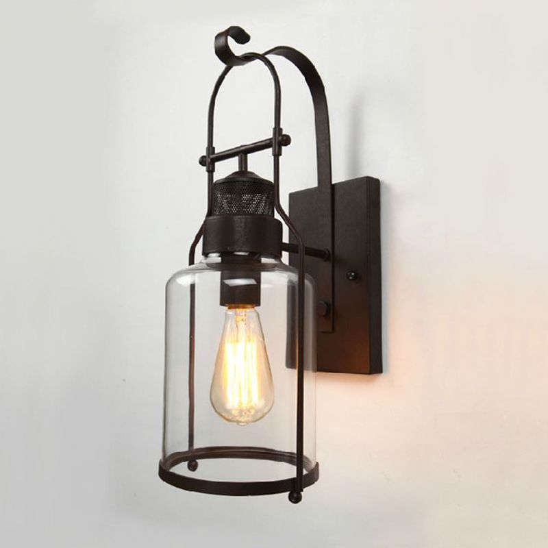 Cylindrical Clear Glass Wall Hanging Light Rustic 1 Head Kitchen Wall Mounted Lamp with Mesh Top in Black