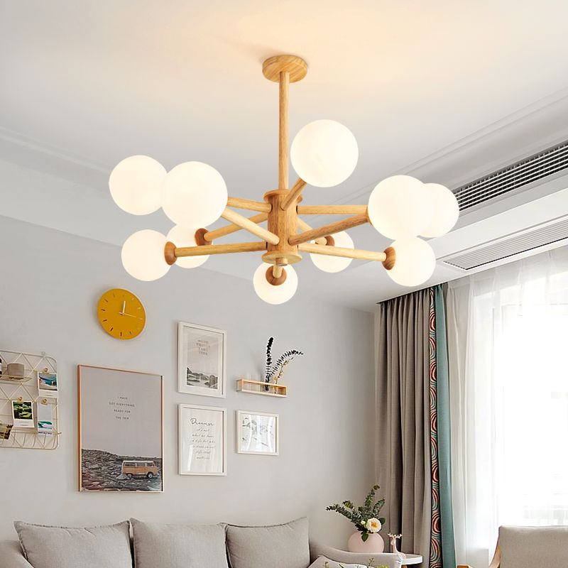 Multi Light Wood Chandelier Modern Globe Chandelier Lamp with White Glass for Living Room