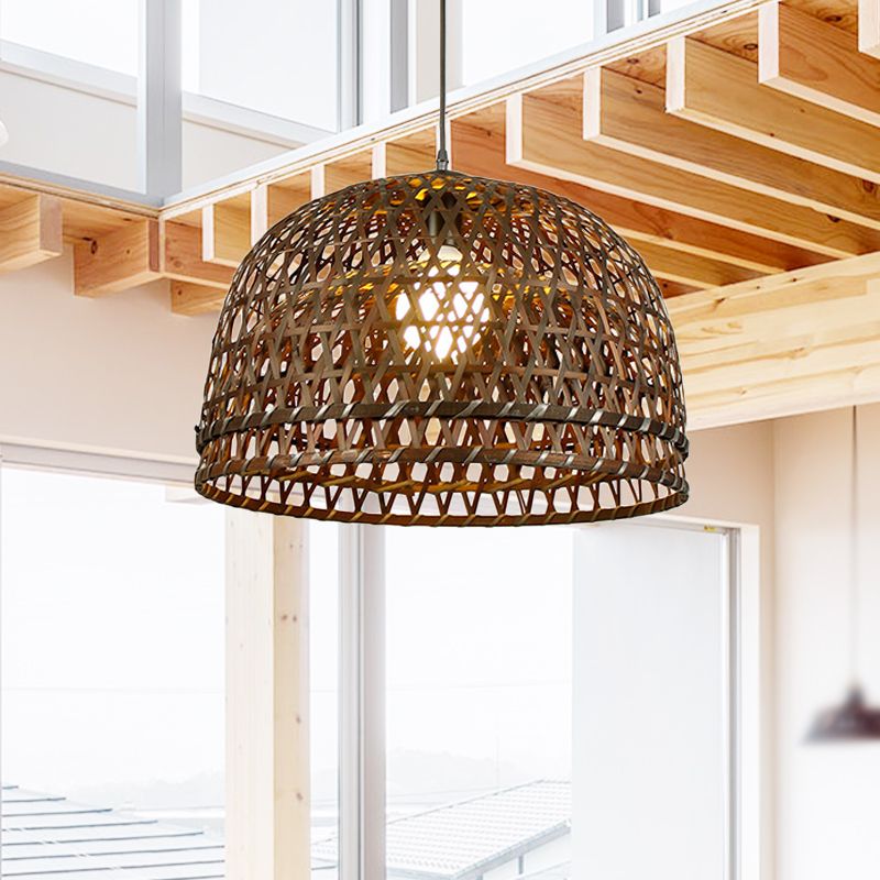 Brown/Wood Dome Shade Hanging Light Modern Style 13"/21" Dia 1 Light Bamboo Pendant Lamp for Restaurant