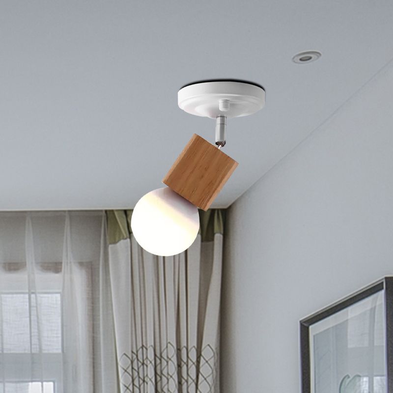 Metal Bare Bulb Semi Flush Ceiling Light Modern 1 Light White Finish Flushmount with Wood Top