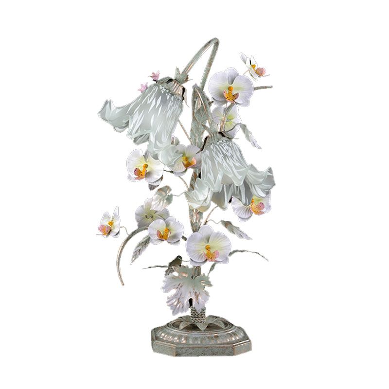 Metal Silver Night Table Lamp Flower 2 Bulbs Countryside Nightstand Lighting for Living Room