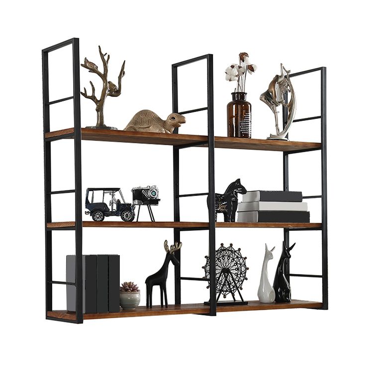 Wall Mounted Industrial Bookshelf Iron Frame Pine Wood Bookshelf for Bedroom